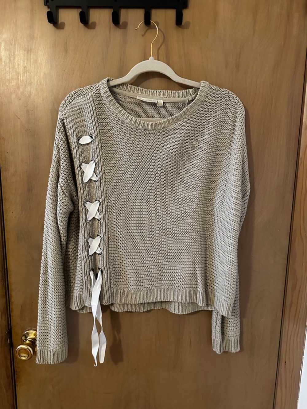 RD Style Cream Crewneck Knit Sweater with Side Ribbon Lacing